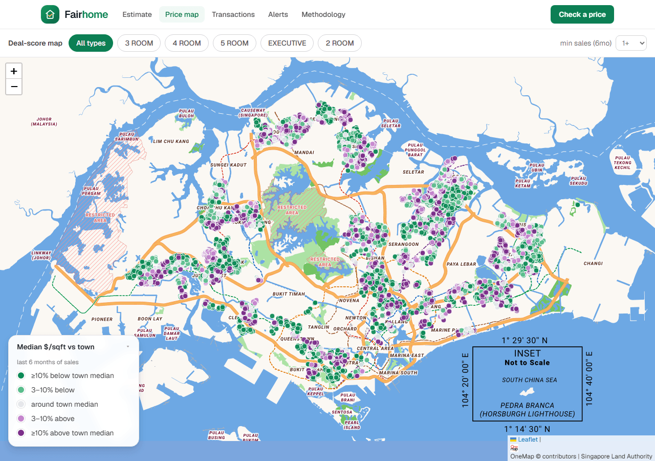 The Fairhome deal-score map: HDB blocks across Singapore colored by price vs town median